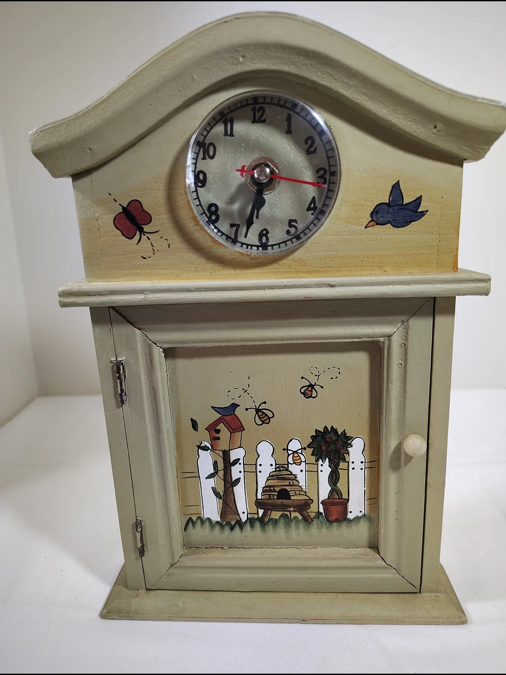 Hand-Painted Green Wooden Wall Clock Cabinet Key Rack
